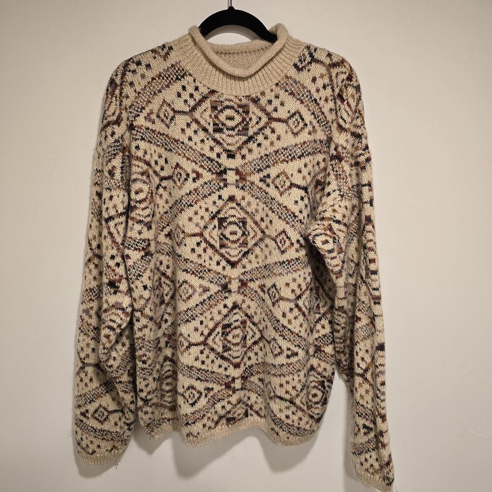 Vintage 90s Sweater Mohair Wool Blend Large Mock Neck Knit Multi Moroccan Patter